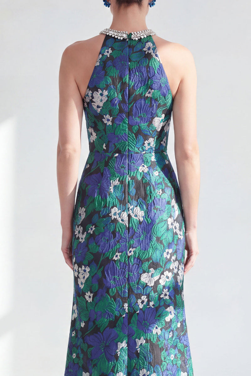 Load image into Gallery viewer, Green Flower Halter Mermaid Sparkly Long Mother of the Bride Dress with Slit
