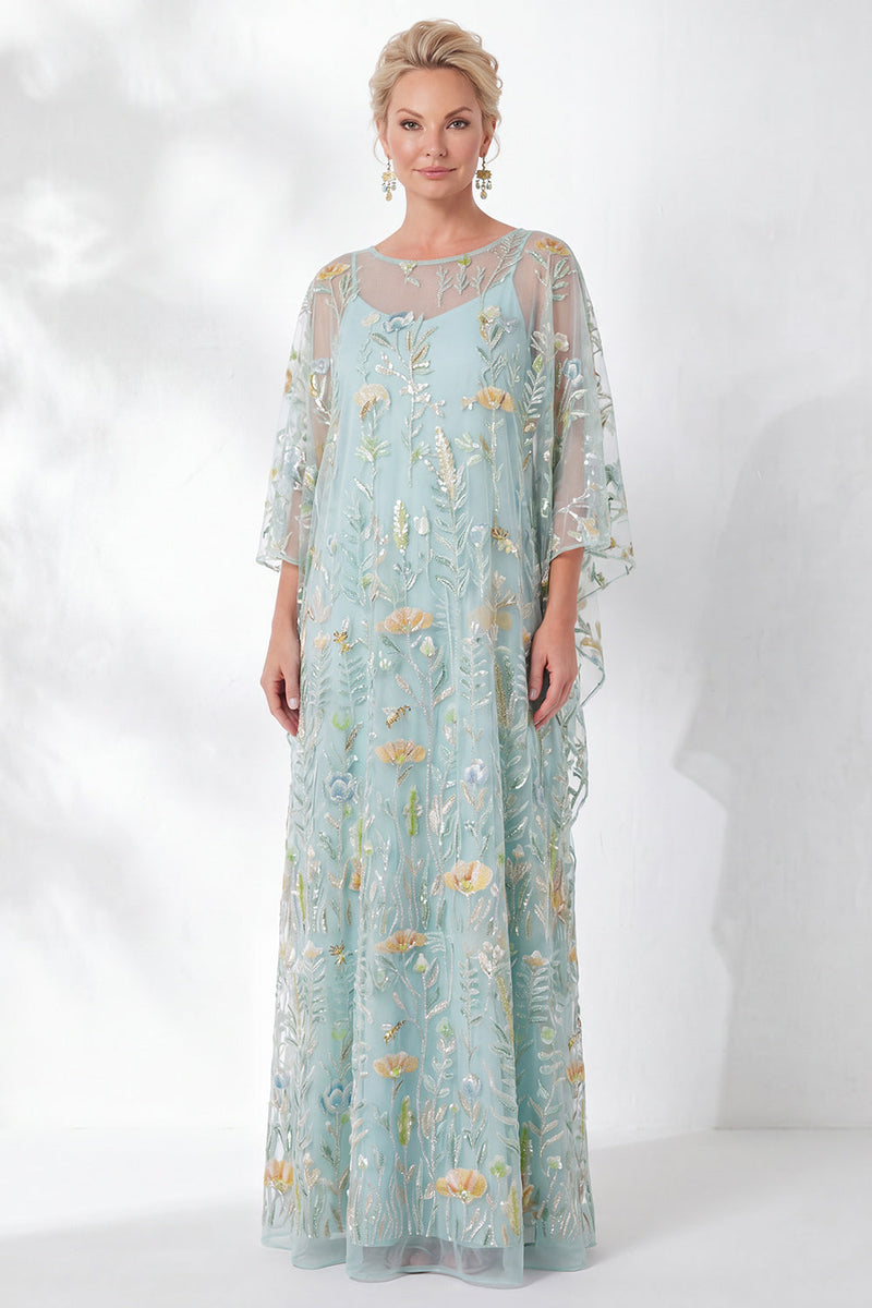 Load image into Gallery viewer, Sparkly Green Floral Sheath Long Mother of the Bride Dress with Sleeves