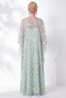 Sparkly Green Floral Sheath Long Mother of the Bride Dress with Sleeves