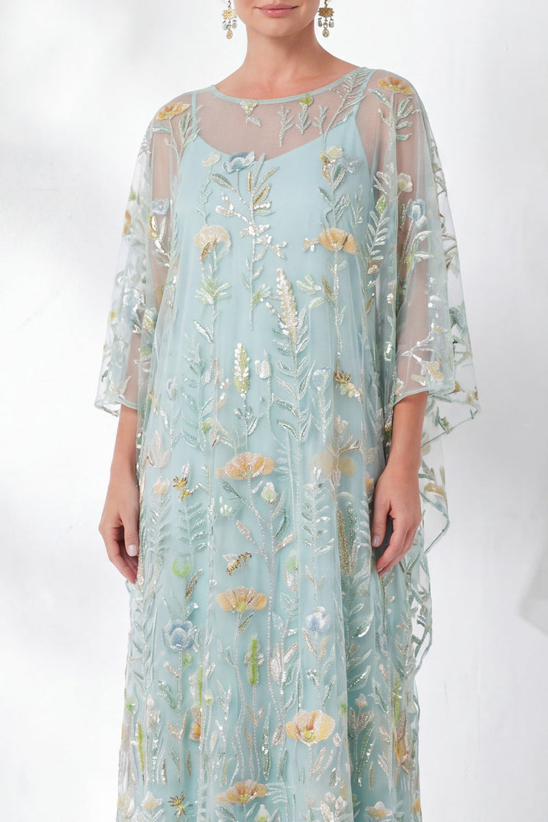 Load image into Gallery viewer, Sparkly Green Floral Sheath Long Mother of the Bride Dress with Sleeves