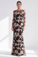 Load image into Gallery viewer, Navy Floral Mermaid Boat Neck Long Sleeves Mother of the Bride Dress