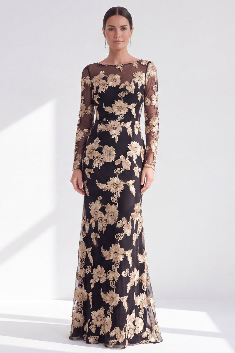 Load image into Gallery viewer, Navy Floral Mermaid Boat Neck Long Sleeves Mother of the Bride Dress