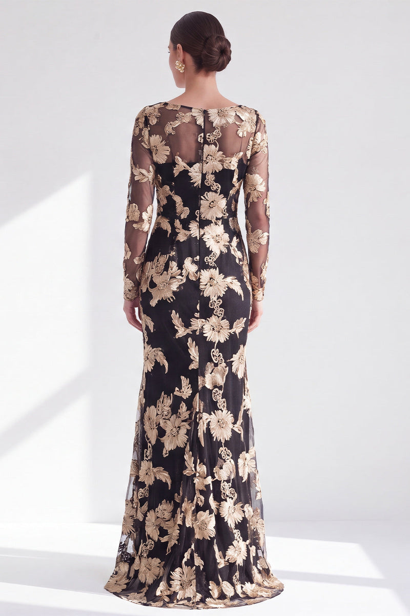 Load image into Gallery viewer, Navy Floral Mermaid Boat Neck Long Sleeves Mother of the Bride Dress