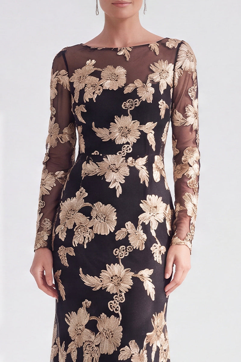 Load image into Gallery viewer, Navy Floral Mermaid Boat Neck Long Sleeves Mother of the Bride Dress
