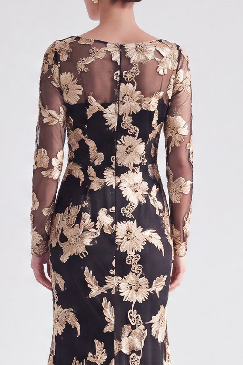 Load image into Gallery viewer, Navy Floral Mermaid Boat Neck Long Sleeves Mother of the Bride Dress