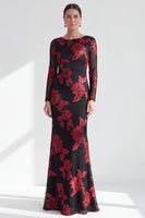 Load image into Gallery viewer, Navy Floral Mermaid Boat Neck Long Sleeves Mother of the Bride Dress