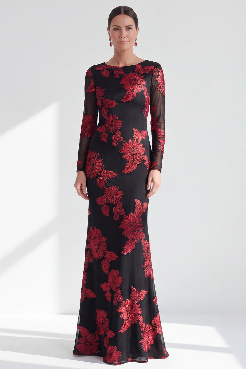 Load image into Gallery viewer, Navy Floral Mermaid Boat Neck Long Sleeves Mother of the Bride Dress