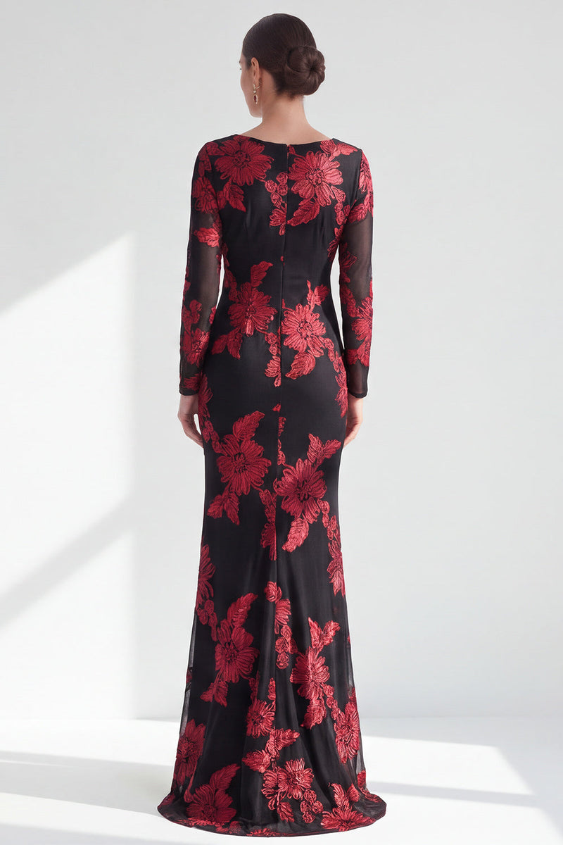 Load image into Gallery viewer, Navy Floral Mermaid Boat Neck Long Sleeves Mother of the Bride Dress