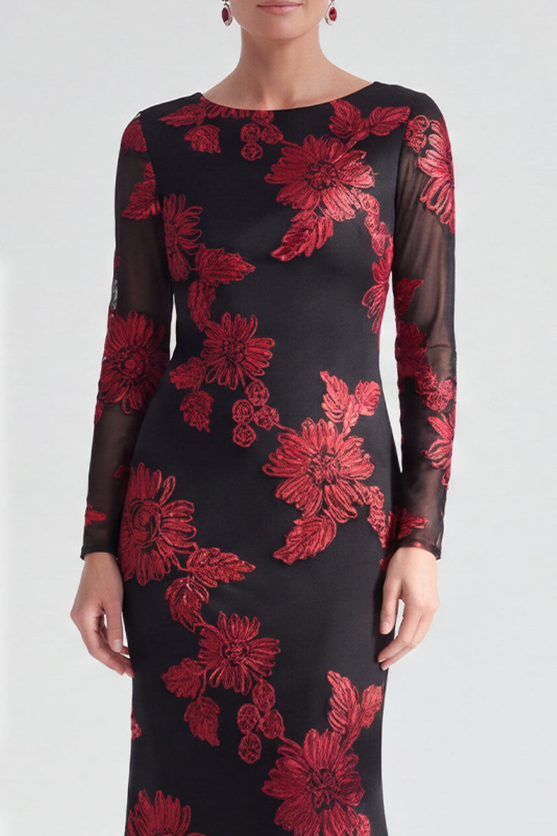 Load image into Gallery viewer, Navy Floral Mermaid Boat Neck Long Sleeves Mother of the Bride Dress