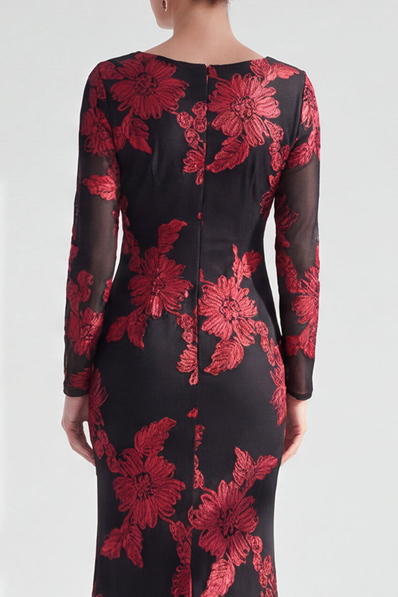 Load image into Gallery viewer, Navy Floral Mermaid Boat Neck Long Sleeves Mother of the Bride Dress