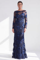 Load image into Gallery viewer, Navy Floral Mermaid Boat Neck Long Sleeves Mother of the Bride Dress