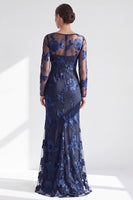 Load image into Gallery viewer, Navy Floral Mermaid Boat Neck Long Sleeves Mother of the Bride Dress