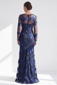 Navy Floral Mermaid Boat Neck Long Sleeves Mother of the Bride Dress