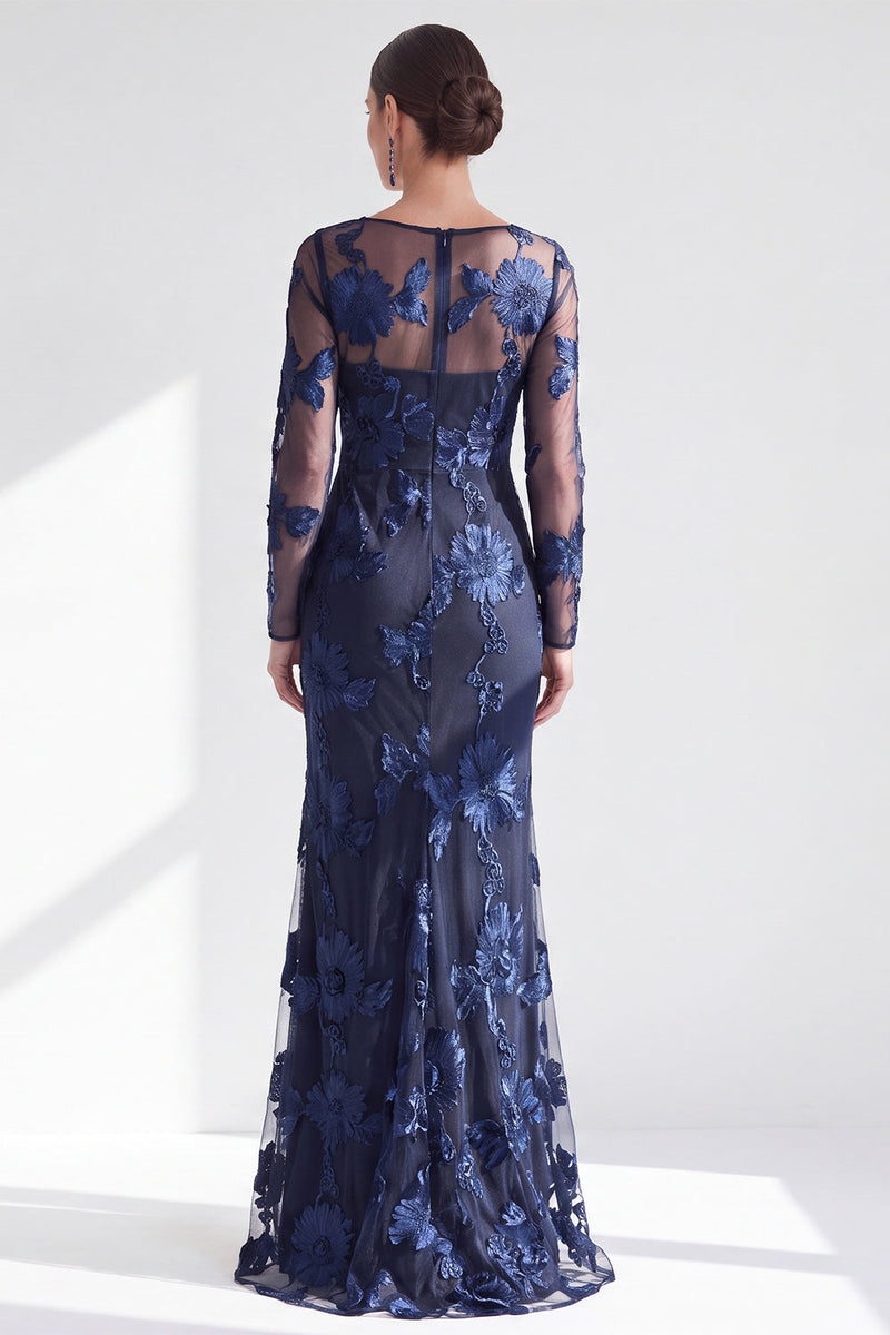 Load image into Gallery viewer, Navy Floral Mermaid Boat Neck Long Sleeves Mother of the Bride Dress