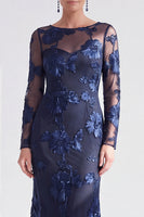 Load image into Gallery viewer, Navy Floral Mermaid Boat Neck Long Sleeves Mother of the Bride Dress