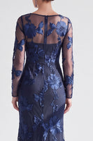 Load image into Gallery viewer, Navy Floral Mermaid Boat Neck Long Sleeves Mother of the Bride Dress