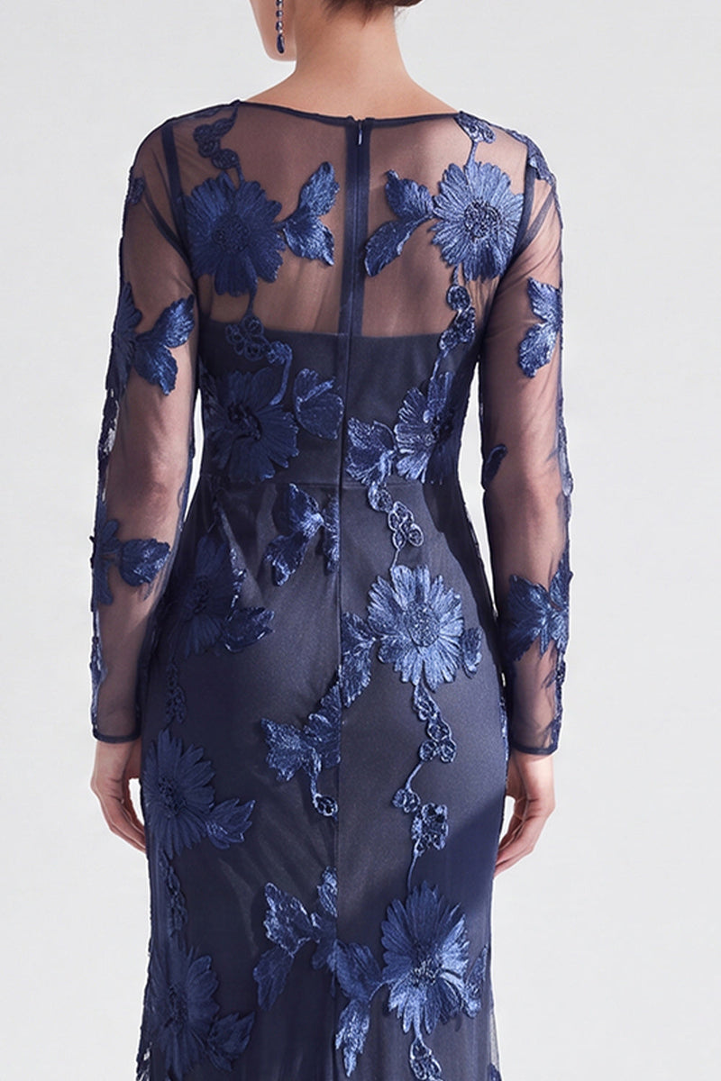 Load image into Gallery viewer, Navy Floral Mermaid Boat Neck Long Sleeves Mother of the Bride Dress