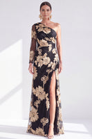 Load image into Gallery viewer, Black Red One Shoulder Floral Long Sleeves Mother of the Bride Dress with Slit