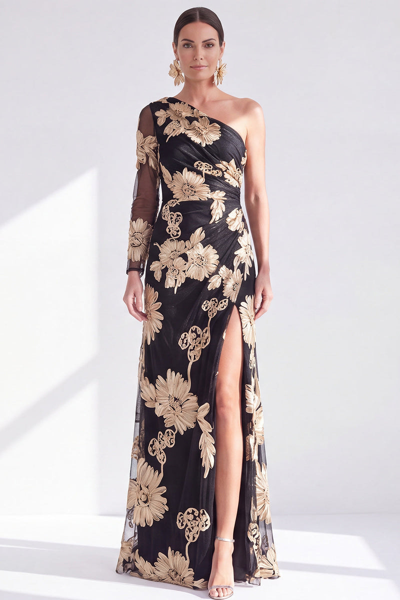 Load image into Gallery viewer, Black Red One Shoulder Floral Long Sleeves Mother of the Bride Dress with Slit