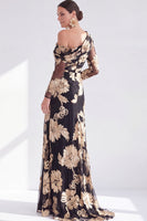 Load image into Gallery viewer, Black Red One Shoulder Floral Long Sleeves Mother of the Bride Dress with Slit