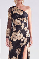 Load image into Gallery viewer, Black Red One Shoulder Floral Long Sleeves Mother of the Bride Dress with Slit