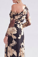 Load image into Gallery viewer, Black Red One Shoulder Floral Long Sleeves Mother of the Bride Dress with Slit