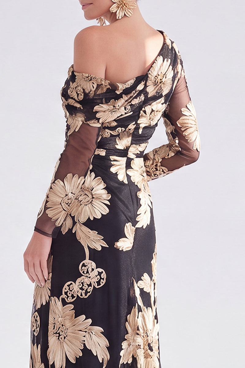 Load image into Gallery viewer, Black Red One Shoulder Floral Long Sleeves Mother of the Bride Dress with Slit