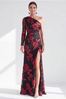 Load image into Gallery viewer, Black Red One Shoulder Floral Long Sleeves Mother of the Bride Dress with Slit
