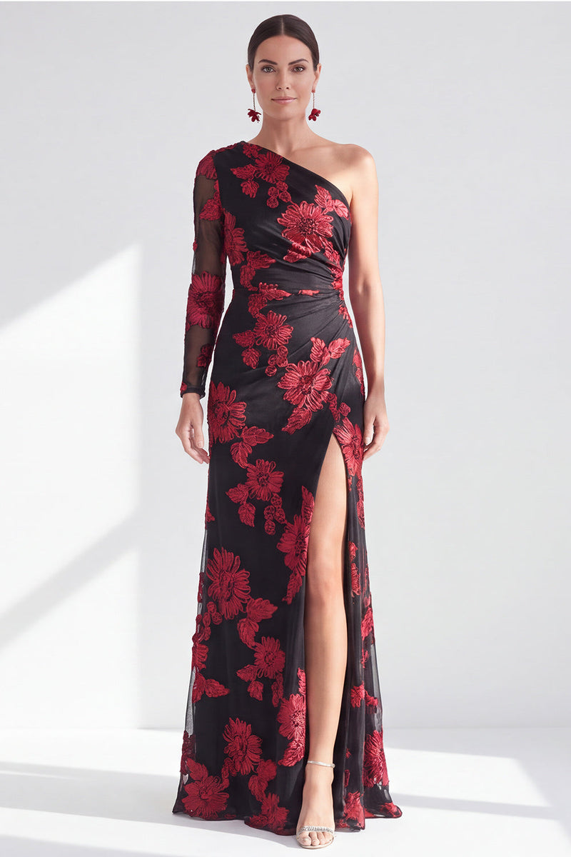 Load image into Gallery viewer, Black Red One Shoulder Floral Long Sleeves Mother of the Bride Dress with Slit