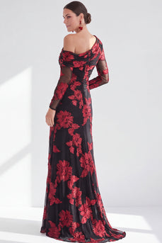 Black Red One Shoulder Floral Long Sleeves Mother of the Bride Dress with Slit