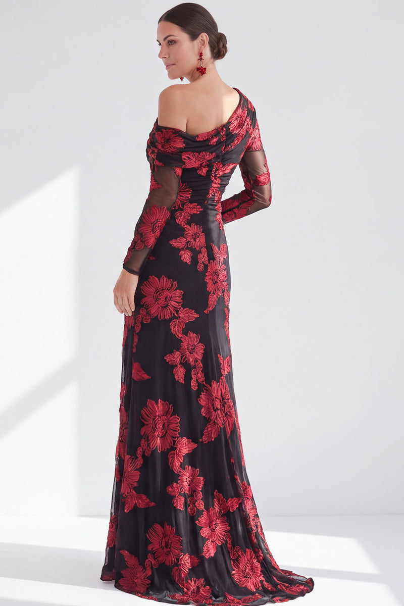 Load image into Gallery viewer, Black Red One Shoulder Floral Long Sleeves Mother of the Bride Dress with Slit