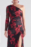 Load image into Gallery viewer, Black Red One Shoulder Floral Long Sleeves Mother of the Bride Dress with Slit