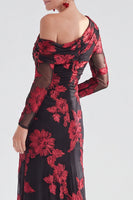 Load image into Gallery viewer, Black Red One Shoulder Floral Long Sleeves Mother of the Bride Dress with Slit