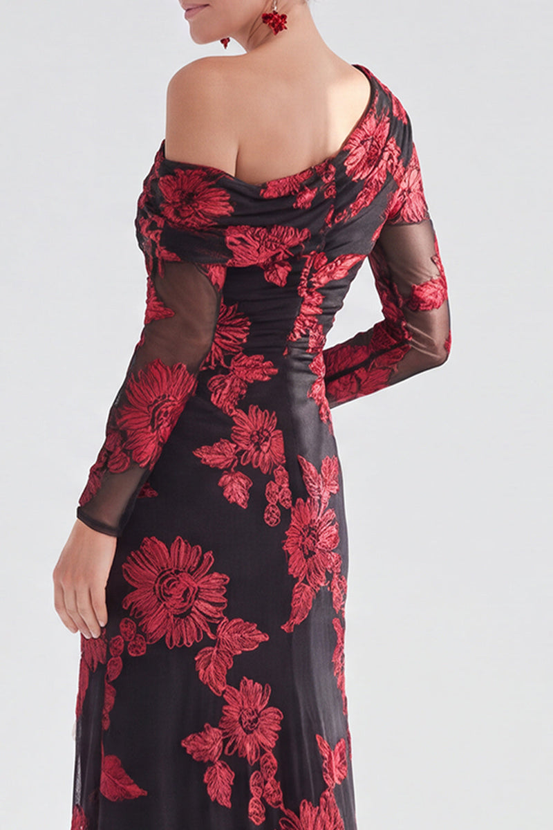 Load image into Gallery viewer, Black Red One Shoulder Floral Long Sleeves Mother of the Bride Dress with Slit