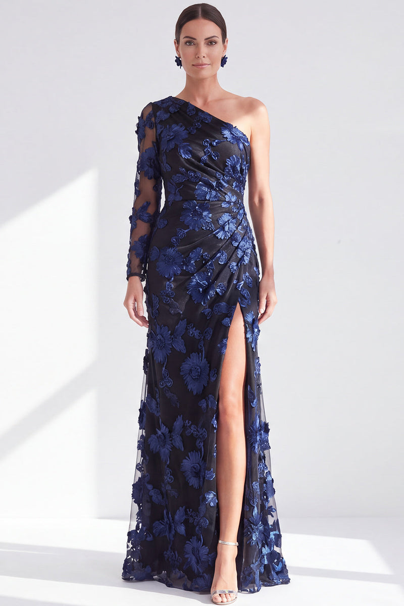 Load image into Gallery viewer, Black Red One Shoulder Floral Long Sleeves Mother of the Bride Dress with Slit