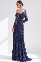 Load image into Gallery viewer, Black Red One Shoulder Floral Long Sleeves Mother of the Bride Dress with Slit