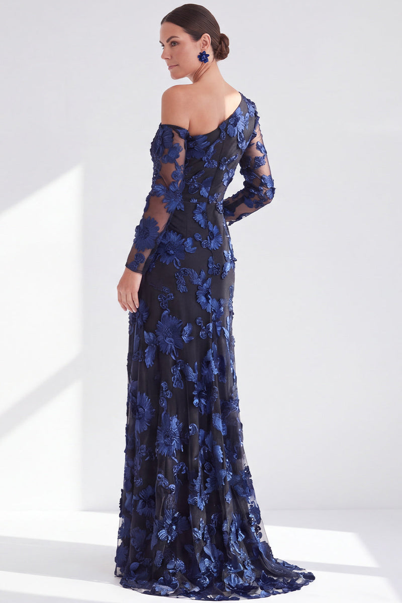 Load image into Gallery viewer, Black Red One Shoulder Floral Long Sleeves Mother of the Bride Dress with Slit