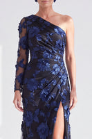 Load image into Gallery viewer, Black Red One Shoulder Floral Long Sleeves Mother of the Bride Dress with Slit