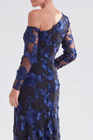 Load image into Gallery viewer, Black Red One Shoulder Floral Long Sleeves Mother of the Bride Dress with Slit