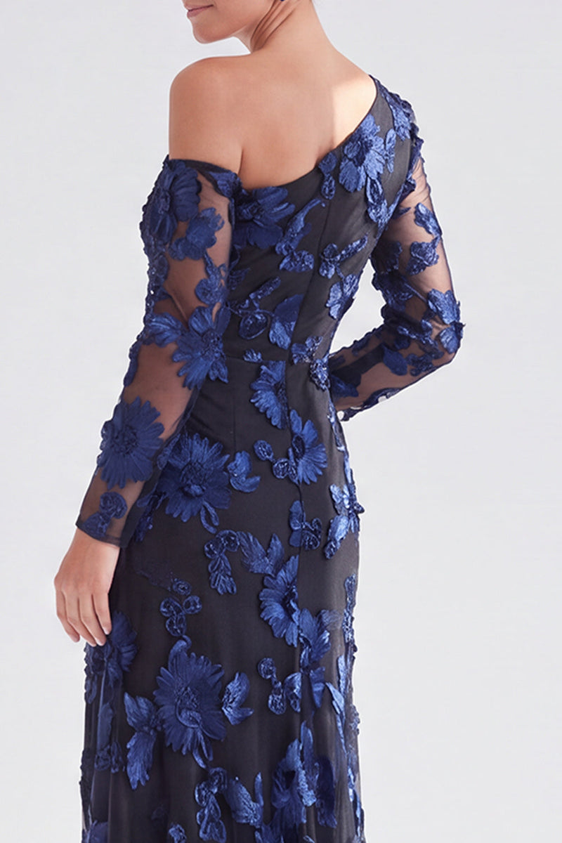Load image into Gallery viewer, Black Red One Shoulder Floral Long Sleeves Mother of the Bride Dress with Slit