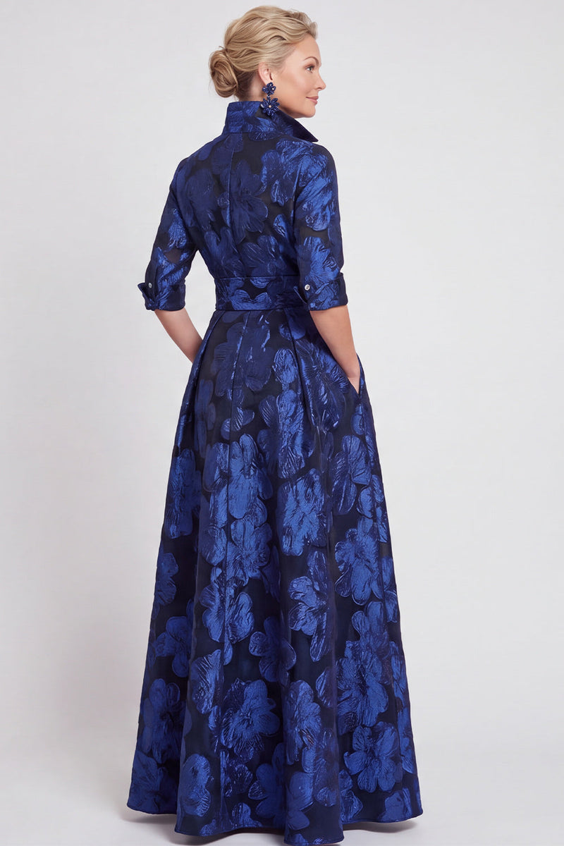 Load image into Gallery viewer, Navy Blue Jacquard Floral A Line Long Mother of the Bride Dress with Bow