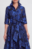 Load image into Gallery viewer, Navy Blue Jacquard Floral A Line Long Mother of the Bride Dress with Bow