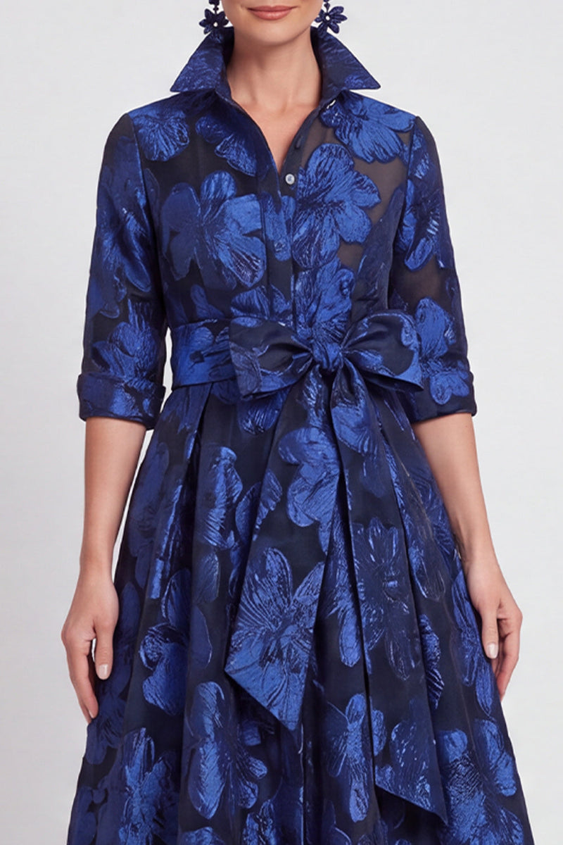Load image into Gallery viewer, Navy Blue Jacquard Floral A Line Long Mother of the Bride Dress with Bow