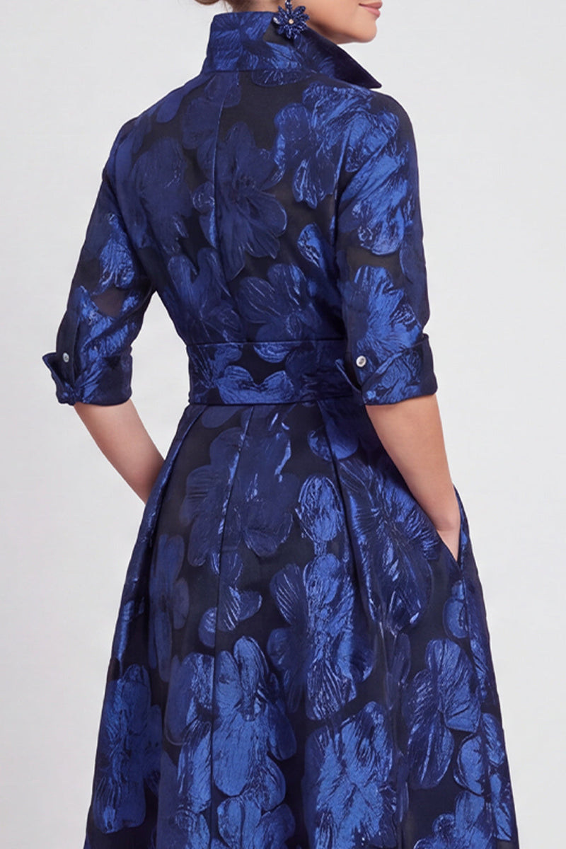 Load image into Gallery viewer, Navy Blue Jacquard Floral A Line Long Mother of the Bride Dress with Bow