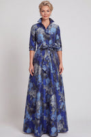 Load image into Gallery viewer, Navy Blue Jacquard Floral A Line Long Mother of the Bride Dress with Bow