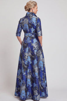Navy Blue Jacquard Floral A Line Long Mother of the Bride Dress with Bow