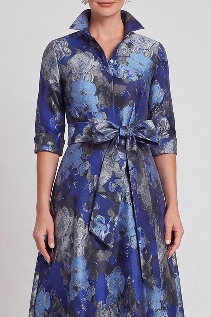Load image into Gallery viewer, Navy Blue Jacquard Floral A Line Long Mother of the Bride Dress with Bow