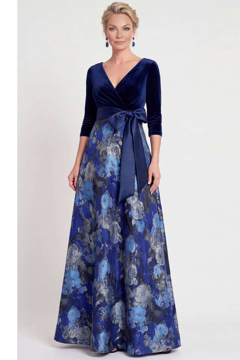 Load image into Gallery viewer, Red Flower A Line Velvet Long Mother of the Bride Dress with Sleeves