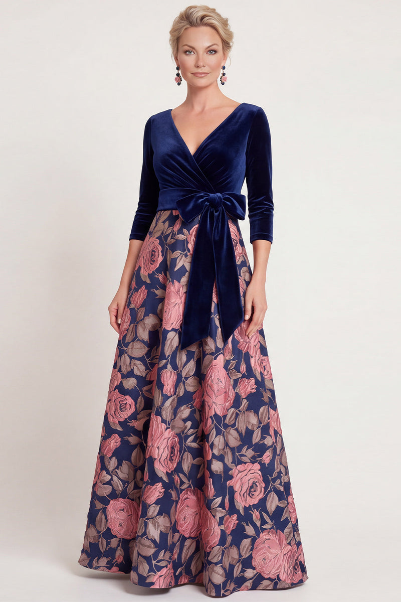 Load image into Gallery viewer, Red Flower A Line Velvet Long Mother of the Bride Dress with Sleeves