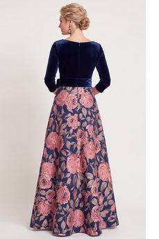 Red Flower A Line Velvet Long Mother of the Bride Dress with Sleeves